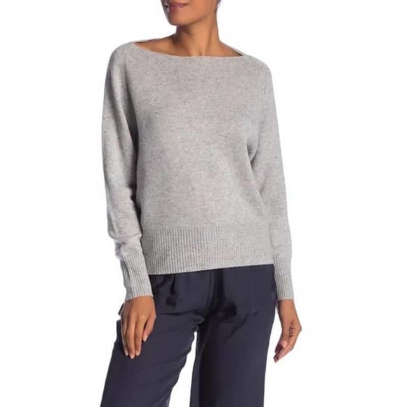 VINCE. Wool Cashmere Blend Boat Neck Sweater in Heather Gray
